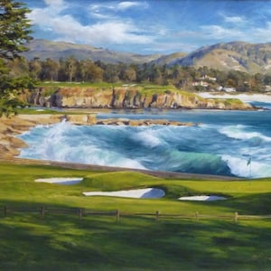 September On The 18th, the 18th hole at Pebble Beach golf links, famous golf holes, top 100 golf courses, US Open, golf art, oil painting