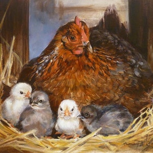 Moments Shared, chickens, chicks, oil painting, farm animals, farm painting, barn, hay, eggs