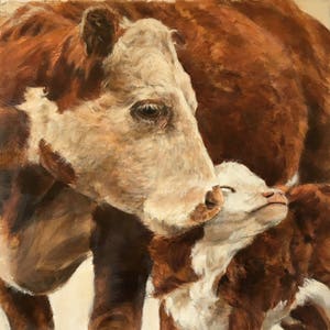The Bond, red Hereford mother and baby,farm painting, farm animals, cows