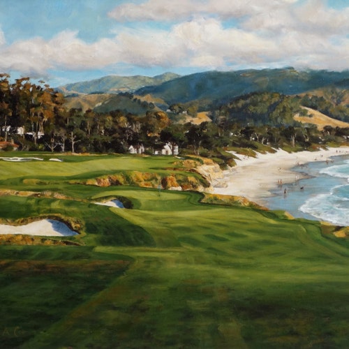 Pebble Beach Golf Art Print, 7th Hole, Coastal Oil Painting Giclee