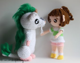 Conjunto de peluche de niña chibi y dragón de crochet hecho a mano