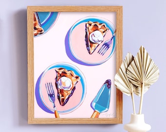 May include: A framed print of a painting depicting three slices of pie with ice cream on pink plates with forks and a blue ice cream scoop. The background is pink with a light purple border.