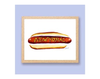 May include: A framed watercolor painting of a hot dog with the word "NEW YORK" spelled out in mustard on top.