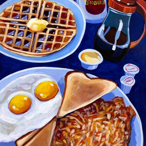 May include: A painting of a Waffle House breakfast. A waffle with butter, syrup, eggs, toast, and hash browns are on plates. A coffee cup with "WAFFLE HOUSE" is visible, along with a syrup dispenser and creamers.