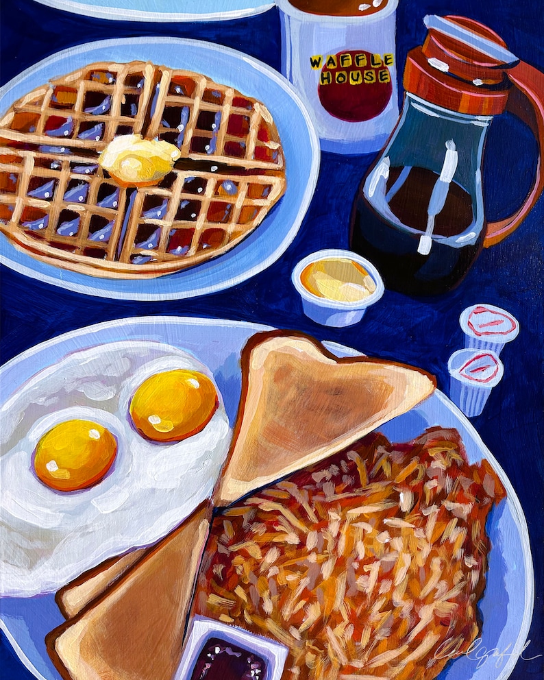 May include: A painting of a Waffle House breakfast. A waffle with butter, syrup, eggs, toast, and hash browns are on plates. A coffee cup with "WAFFLE HOUSE" is visible, along with a syrup dispenser and creamers.