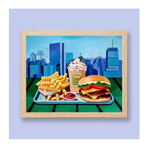 May include: A painting depicting a burger, chips, and a milkshake in front of a city skyline. The burger features a double patty with lettuce, tomato, and cheese. The chips are golden brown and crispy. The milkshake is a chocolate shake topped with whipped cream and a cherry.