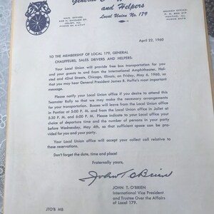 Chauffers Vendedores Ajudantes Sindicato Local 179 Carta Oferecendo Passeios para o Anfiteatro de Chicago Anos 1960 Pres James Hoffa Mensagem lcww
