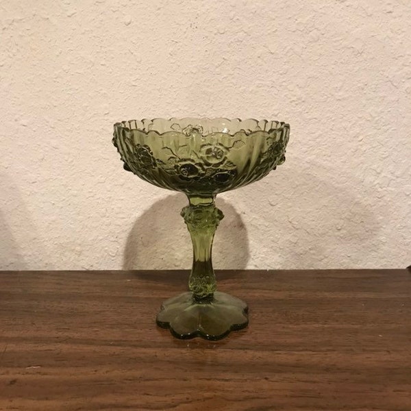 Compote Clear Avacado Green Cut Glass Heavy Pedestal Embossed Roses Vintage Candy Dish Formal Entertaining lcww