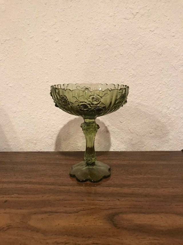 Compote Clear Avacado Green Cut Glass Heavy Pedestal Embossed Roses Vintage Candy Dish Formal Entertaining lcww