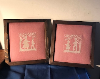 Family Tree Needlepoint Embroidery Hand stitched Childrens Room Pink White Father Daughter Mother Son Playroom Nursery lcww