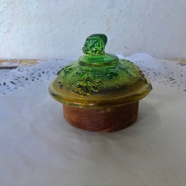 Cedar Bowl With Antique Green Glass Lid Upcycled from Something Old Into A New Creation Glassware lcww