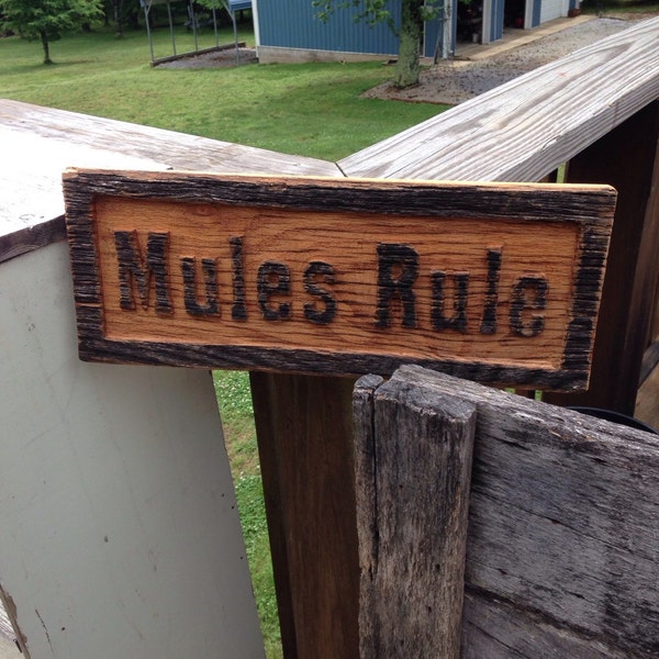 Mules Rule Sign Carved Words In Wood For Barnyard Farmhouse Mule Train Farmer Gift Wooden Rustic lcww