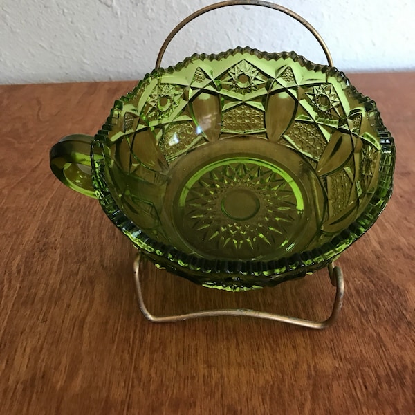 Green Nappy L E Smith Quintec Handle Bowl Yellow Highlights Glassware Collectible Cut Glass Cut Style 1950s lcww