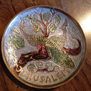 Jerusalem Middle Eastern Decor Vintage 4 inch Brass Plate Handmade Handpainted Holy Land Collectible Souvenir Gift Two Peacocks lcww