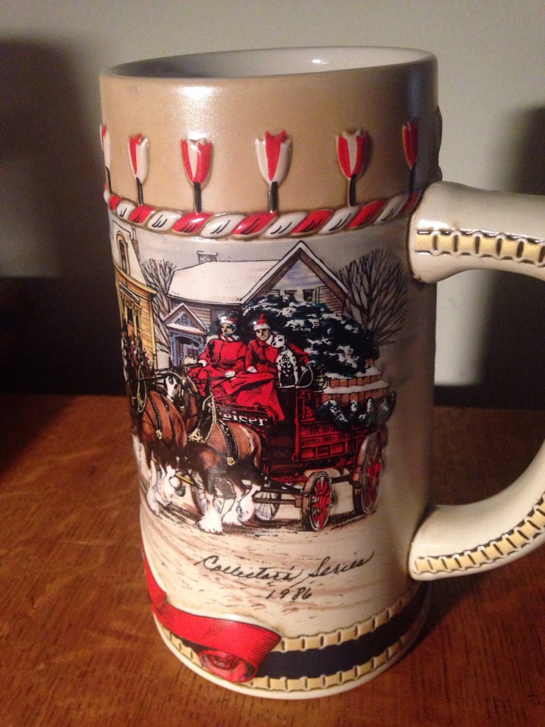 Stein Vintage Handcrafted Anheuser Busch Ceremarte Brazil Budweiser Beer Mug Christmas Collectible Cyldesdale Horses Red Santa Sleigh Ride