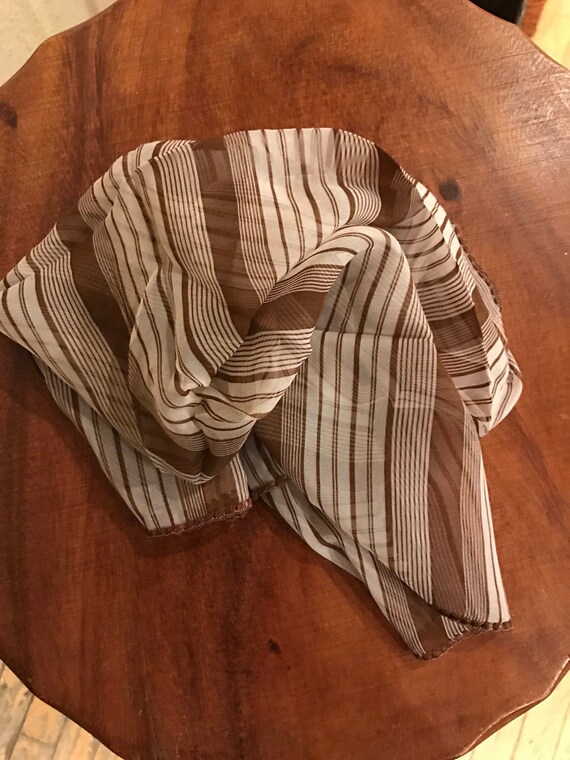 Scarf Silk Brown White Stripe Design Vintage Hand… - image 4