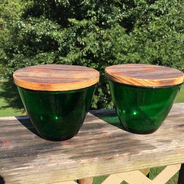 Bowl Set Of Two Kelly Green Glass With Wooden Lid Upcycled from Something Old Into A New Creation Glassware lcww