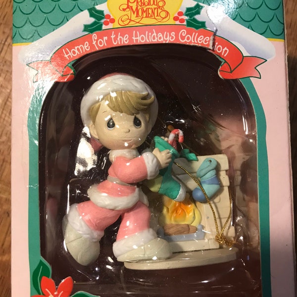 Precious Moments 266094 Christmas Holiday Ornament Original Box Sam Butcher Porcelain Pastels 1990s Enesco Japan Child ink Santa Suit lcww