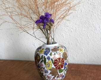 Oriental Vase Hand Painted Colorful Flowers Leaves Signed By Artist Four Inches Tall Vintage Original lcww