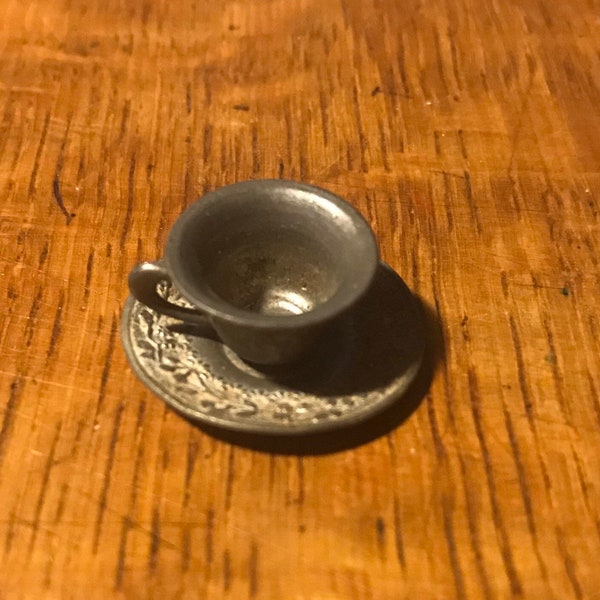 Antique Pewter Cup Saucer Miniature Toy Size Leaf Design Etched on Metal Meticulously lcww