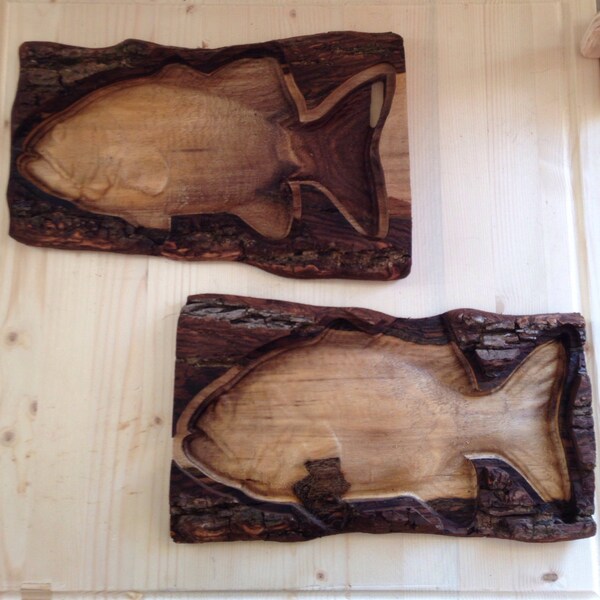 Fish Wall Display Set Walnut Wood Carving In Tree Slab Hunting Fishing Home Office Decor lcww