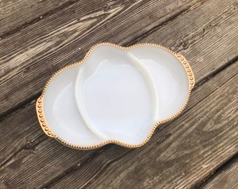 Fire King Divided Dish Oval Platter White Milk Glass Condiment Plate Vintage Antique Gold Trim On Rim lcww