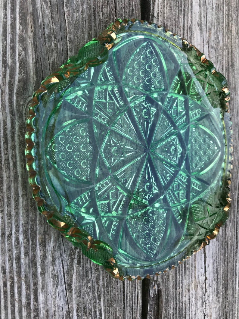 Green Glassware Plate Corners Turned up Gold Trim Collectible Etsy