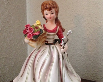Pink Lady Antique Japan Ceramic Porcelain Country Maiden Dressed In Apron Pinafore Figurine Holding Basket of Flowers Japan lcww