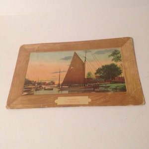 Sonnenuntergang Von Milton Antike Postkarte Poststempel 1900s Segelschiffe Segelboote im Hafen Pfirsich-Himmel-Grün-Gras-Smaragdgrün Bäume lcww