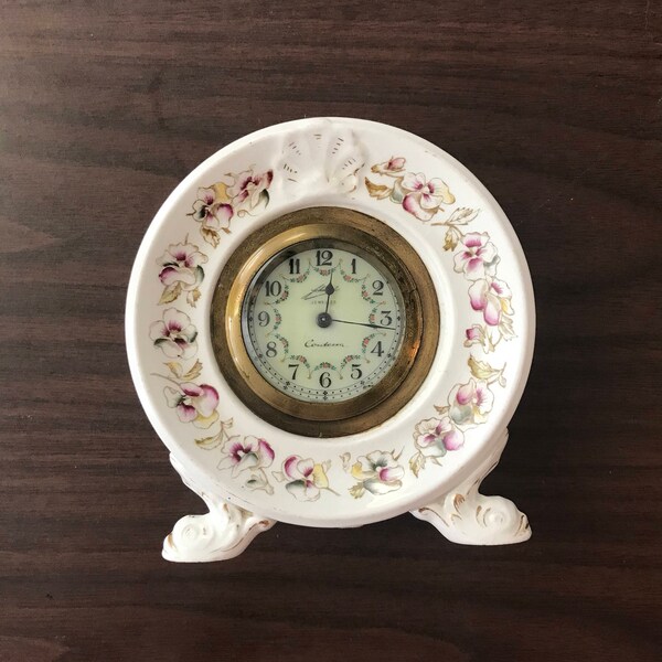 Antique Alarm Clock Wind Up Vintage Working 1920s 1930s Painted Flowers China German Made lcww