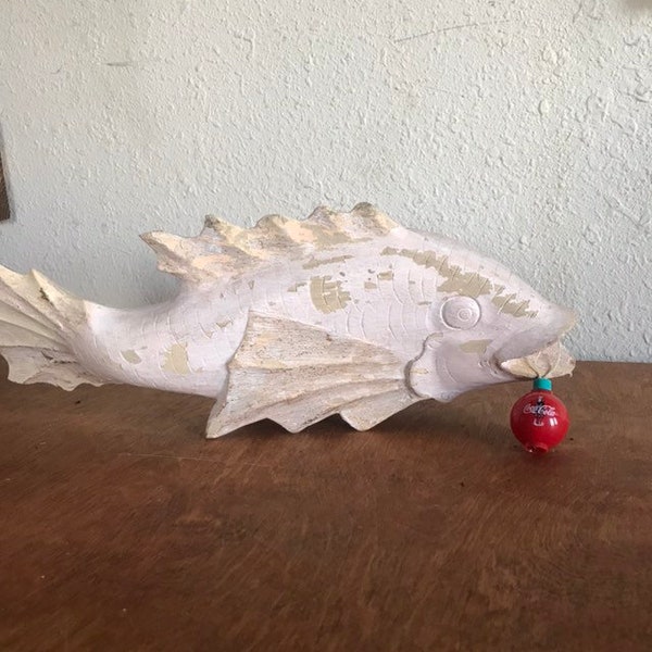 Fish figurine hand made painted antique white vintage paint chipped art piece wooden lake house yacht boat decor size about 16 inches lcww