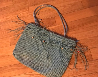 Straw purse Seashells Beads Whimsical Threads Embroidered Along Zippier Clutch Handle Pocket Book Teale Blue Green Bag lcww