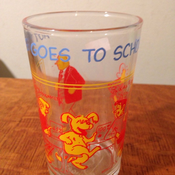 Juice Glass Archie Hot Dog Goes to School Veronica Comic Publications 1970s Orange Yellow Blue Letters lcww