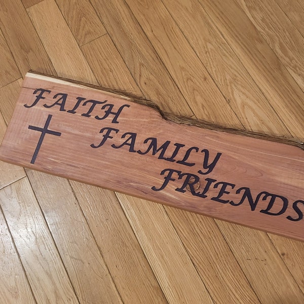 Cedar Sign Natural Scent Live Wood Carved Words Faith Family Friends Cross Ready To Display lcww