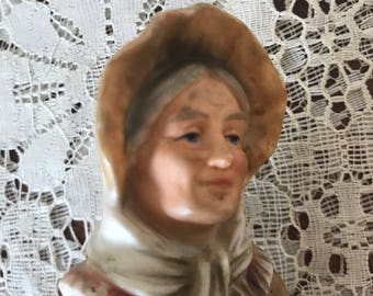 Hard Working Woman Figurine Gray Hair Kind Smile Tree Branch Cane Brown White Rabbit Sun Bonnet Shawl Marked Wicker Basket lcww