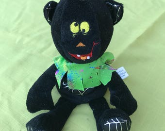 Black Cat Monster Halloween Bean Bag Doll Silver Cob Web Decoration On Paws Lime Green Scarf Long Tail Funny Goofy Face Nose Eyes Mouth lcww