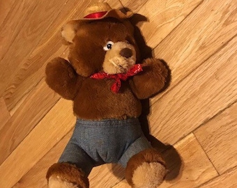Teddy Bär Freund Spielzeug Vintage Grrrrrr Whatabear Stroh Hut Halstuch Stofftier Plüsch Material Caltoy Inc Country Hat Denim Jean
