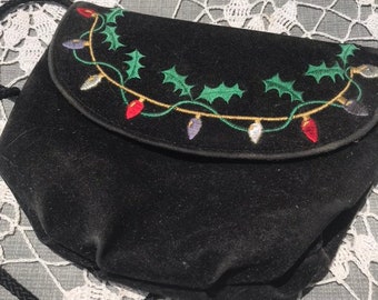 Christmas Bag Vintage Purse Small Childs Threaded Embroidered Red Green Lights Accessory Snap Closure lcww