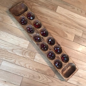 Small Mancala Wooden Game Board Carry Along Pine Wood Stained Golden Oak Rules Glass Gem Playing Pieces Included lcww