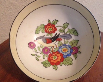 Noritake China Made In Japan Three Footed Smalll Antique Collectible Handpainted Colorful Bowl With Bird Flowers and Leaves