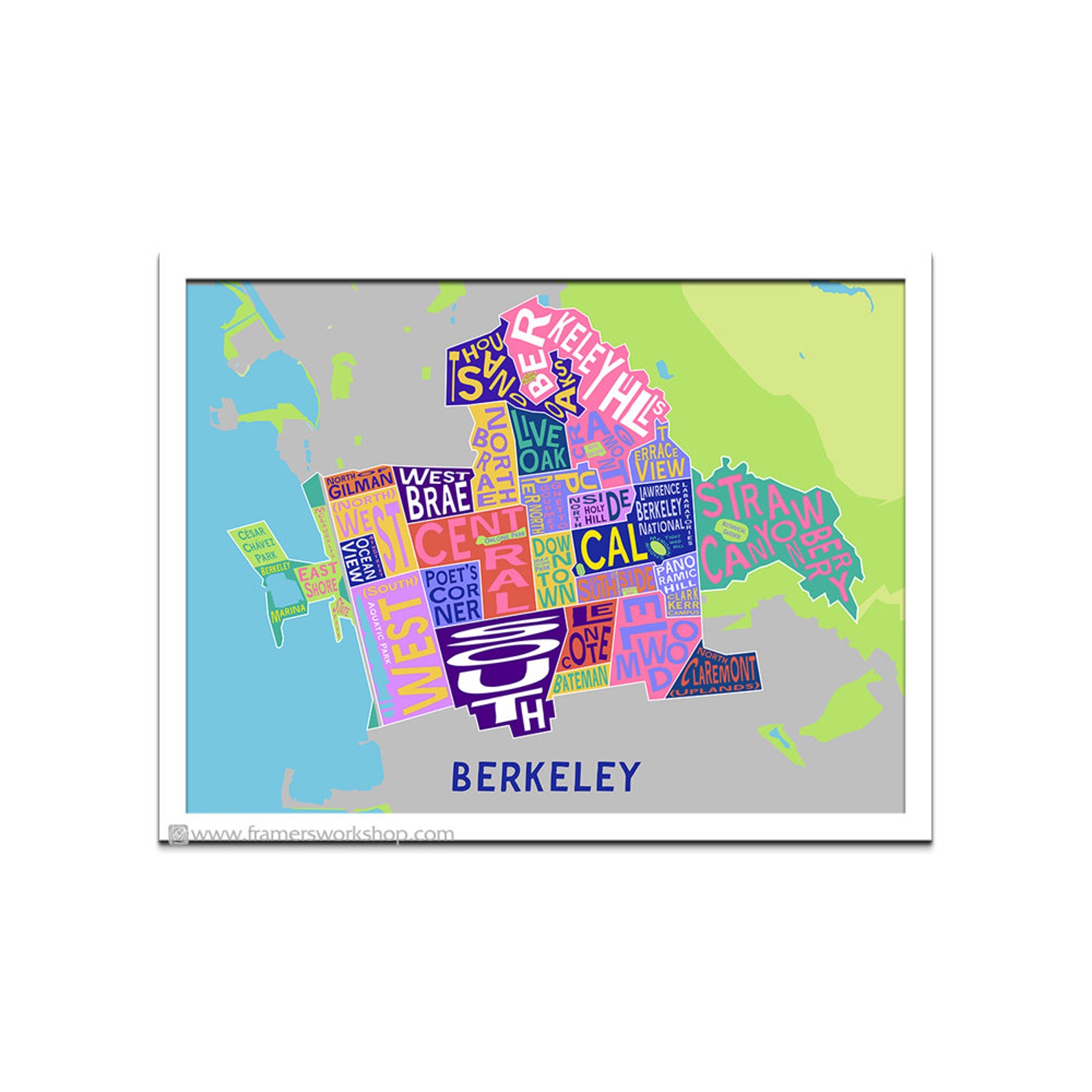 Berkeley Typographic Neighborhood Map - Kaleidoscopic Colors - Etsy