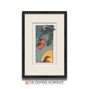 May include: A black crow perched on a branch with three orange persimmons. The background is a blue sky with a yellow sun rising in the distance. The print is titled "Harvest Crow With Persimmons".