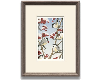 Chickadee's Feast, Framed Letterpress Print by Yoshiko Yamamoto