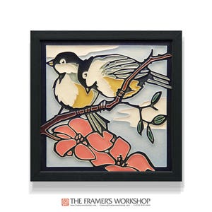 Spring Chickadees — Framed Motawi tile 6x6 — Yoshiko Yamamoto