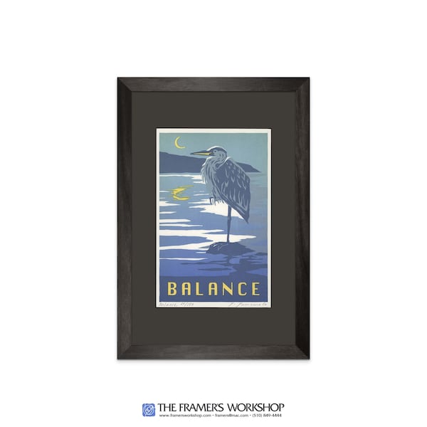 Balance - Blue Heron by Yoshiko Yamamoto. Framed limited edition letterpress print.