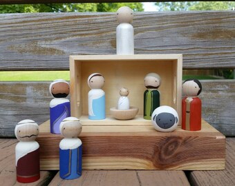 SALE - Hand Painted 2 3/8" Peg Doll Nativity Set - Includes Stable/Storage Box