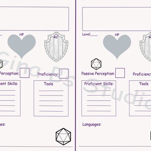 May include: A printable tabletop role-playing game character sheet featuring two identical columns with fields for Level, HP, AC, Passive Perception, Proficiency, Proficient Skills, Tools, and Languages, decorated with heart, shield, and d20 icons.
