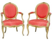 Pair of Louis XV Period Painted and Parcel Pink Gilt Fauteuils