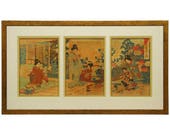 19th Century Watanabe Nobukazu Triptych Japanese Woodblock Print