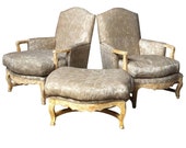 Pair of Country French Bergere Armchairs with Ottoman